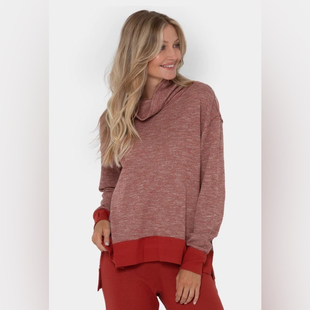 Peace Love World Birdseye Two-Tone‎ Heather Rose Cowl Neck Pullover Small